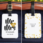Personalised Gold Heart Mr and Mrs Luggage Tag<br><div class="desc">Personalised gold heart confetti Mr and Mrs luggage tag. Travel in style as Newly Weds. Personalise the name and special date on the front and names and address details on the reverse. Designed by Thisisnotme©</div>