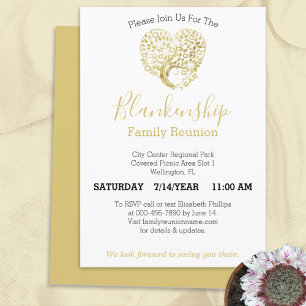 Personalised Gold Heart Tree Family Reunion White Invitation