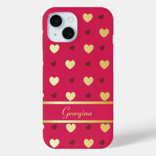 Personalised Gold Hearts on Cerise iPhone 15 Case