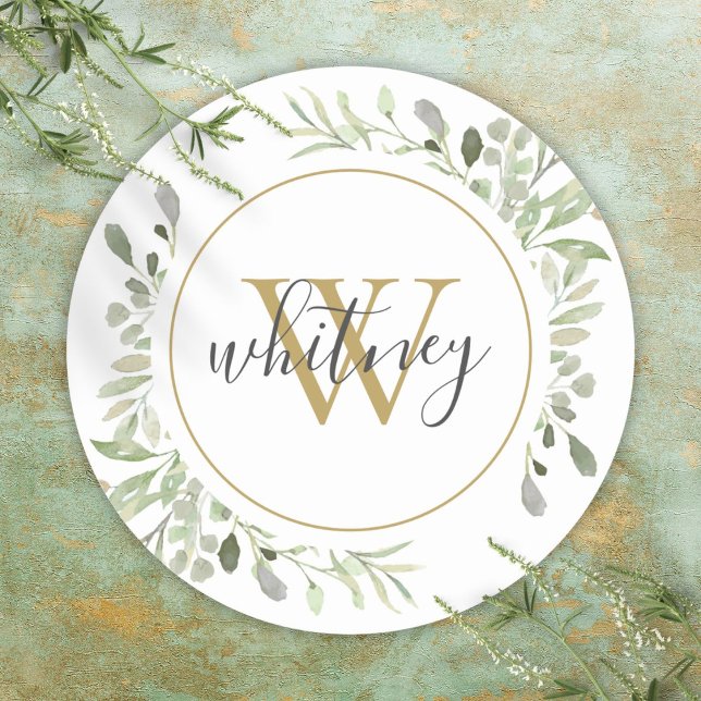 Personalised Gold Monogram Elegant Greenery Classic Round Sticker (Personalized Gold Monogram Elegant Greenery Classic Round Sticker)