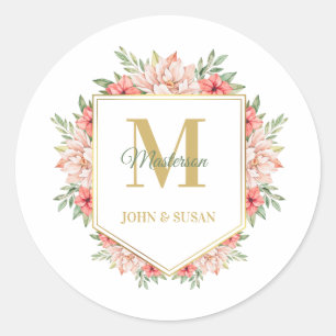 Personalised Gold Monogram Floral Frame Classic Round Sticker