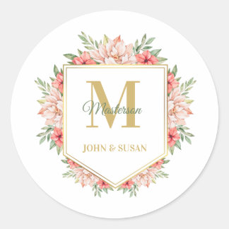 Personalised Gold Monogram Floral Frame Classic Round Sticker