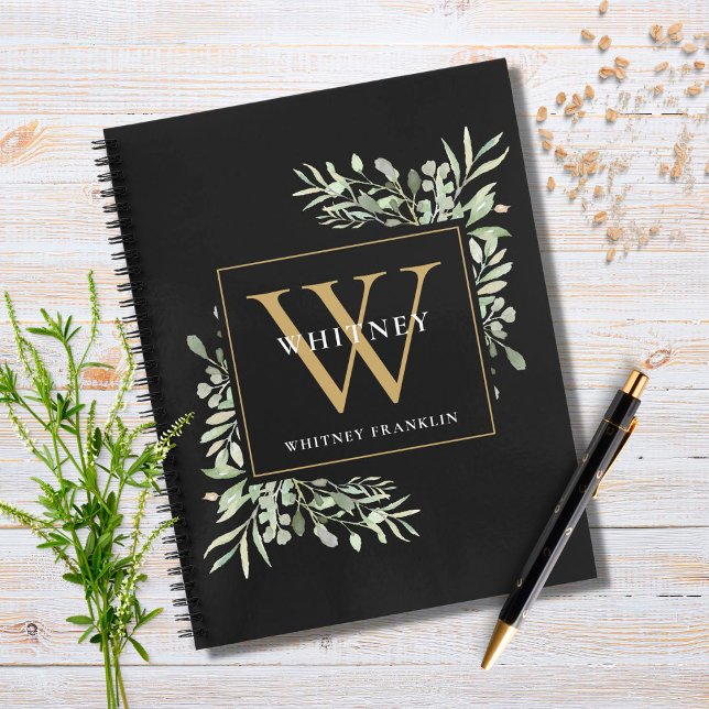 Personalised Gold Monogram Greenery Black Notebook (Creator Uploaded)