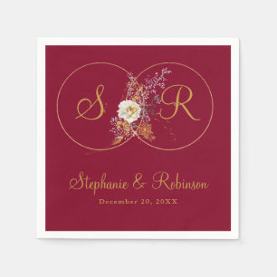 Personalised Gold Monogram On Burgundy Wedding  Napkin