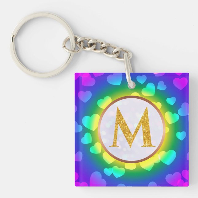 Personalised Gold Monogram, Rainbow Heart Key Ring (Front)