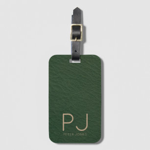 Personalised Gold Monogram Simple Green Leather Luggage Tag