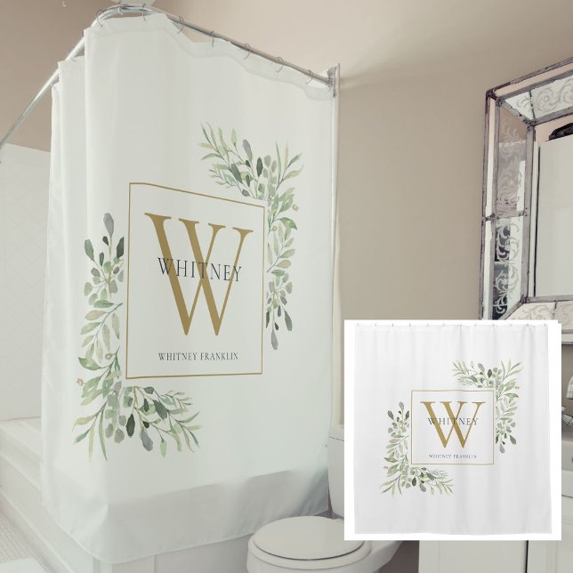 Personalised Gold Monogram Watercolor Greenery Shower Curtain (Personalized Gold Monogram Watercolor Greenery Shower Curtain)