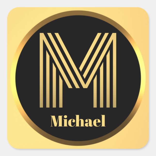 Personalised Gold Monogrammed Letter M Square Sticker (Front)