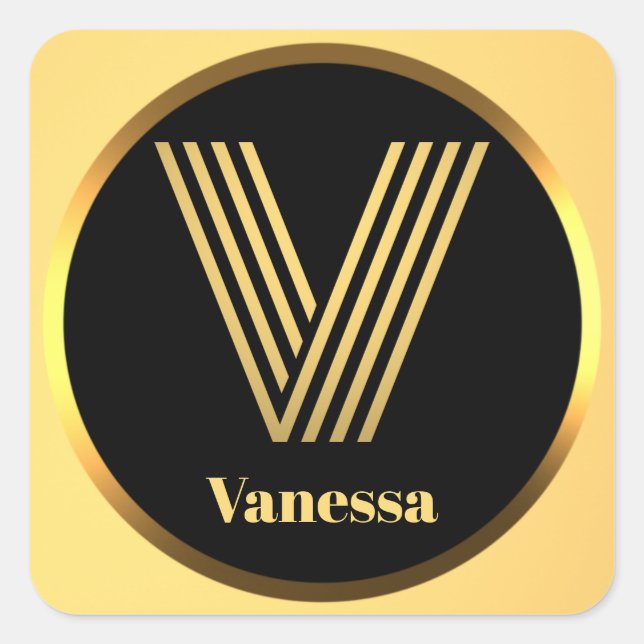 Personalised Gold Monogrammed Letter V Square Sticker (Front)