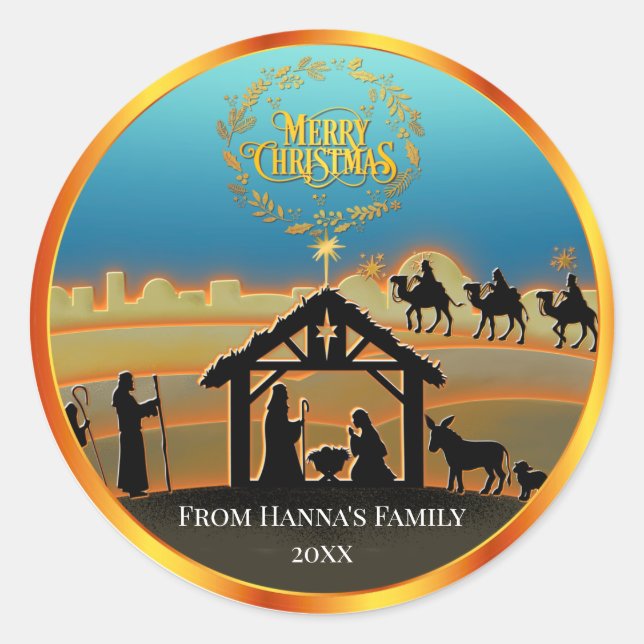 Personalised Gold Nativity "Merry Christmas" Classic Round Sticker (Front)