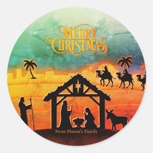 Personalised Gold Nativity "Merry Christmas" Classic Round Sticker (Front)