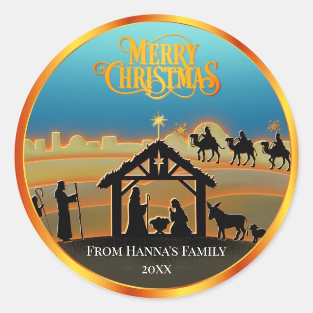 Personalised Gold Nativity "Merry Christmas" Classic Round Sticker (Front)