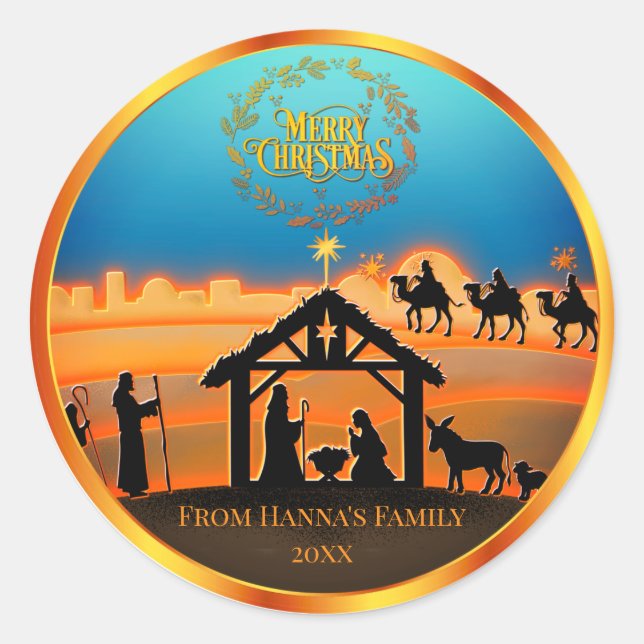 Personalised Gold Nativity "Merry Christmas" Classic Round Sticker (Front)