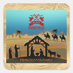 Personalised Gold Nativity "Merry Christmas" Square Sticker