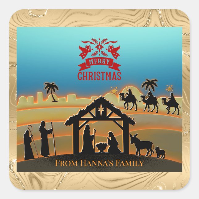 Personalised Gold Nativity "Merry Christmas" Square Sticker (Front)