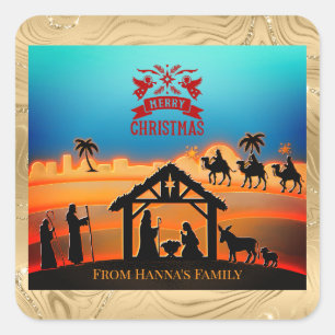 Personalised Gold Nativity "Merry Christmas" Square Sticker