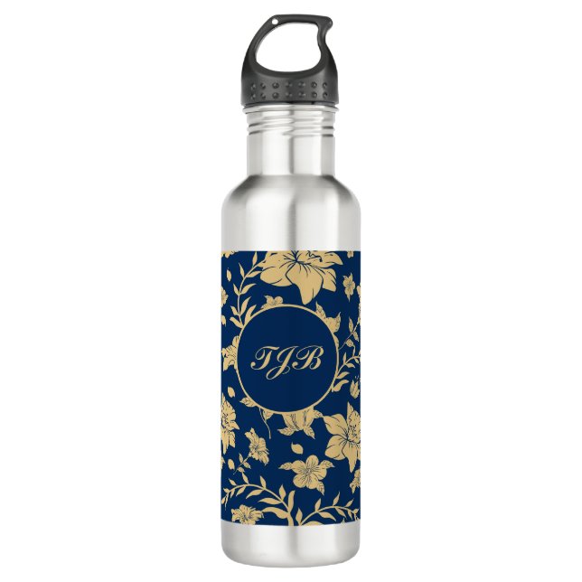 Personalised Gold Navy Floral 710 Ml Water Bottle (Front)