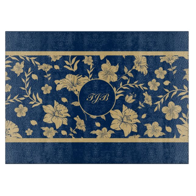Personalised Gold Navy Floral Cutting Board (Front)