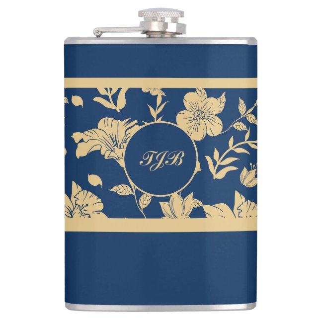 Personalised Gold Navy Floral Hip Flask (Front)
