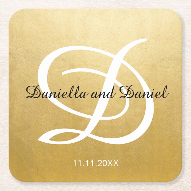Personalised Gold Ombre White Monogram Wedding Square Paper Coaster (Front)