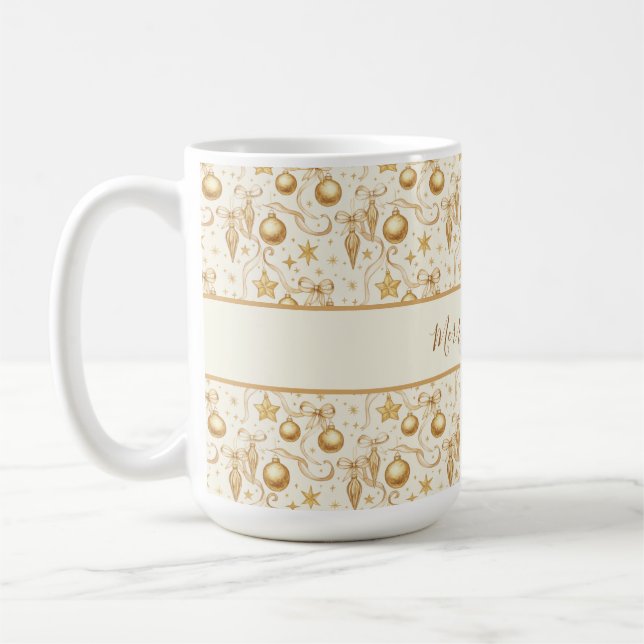 Personalised Gold Ornaments Bows Christmas Holiday Coffee Mug (Left)