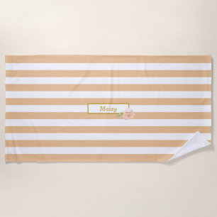 Personalised Gold Peach and White Striped Beach Towel