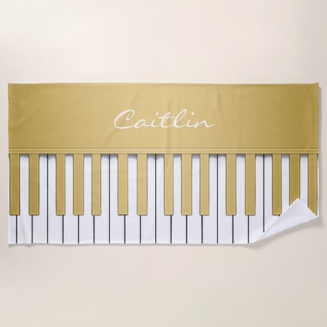 Personalised Gold Piano Keyboard Music Beach Towel (Front)