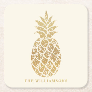 Personalised Gold Pineapple on Ivory  Square Paper Coaster