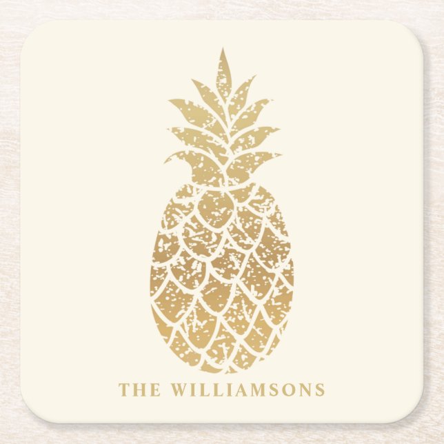 Personalised Gold Pineapple on Ivory  Square Paper Coaster (Front)