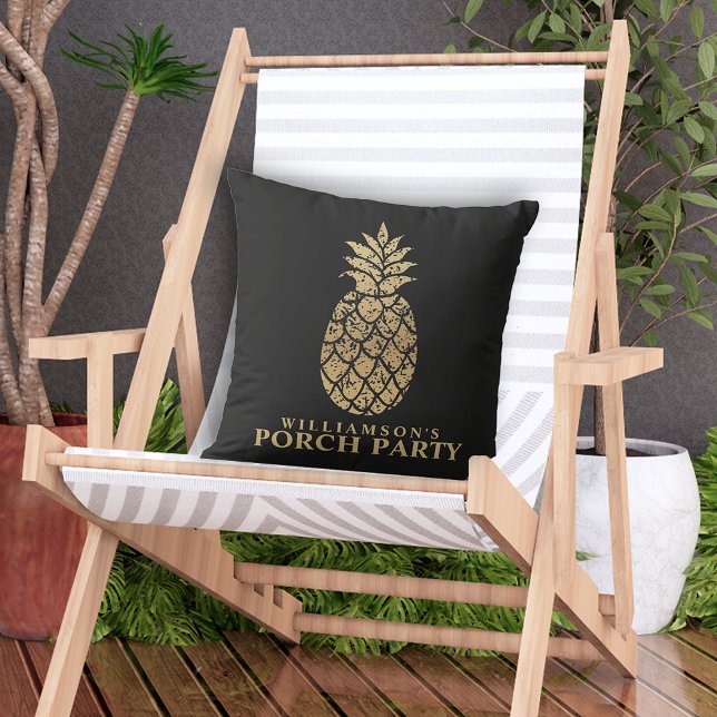 Personalised Gold Pineapples Porch Party Black Cushion (Creator Uploaded)