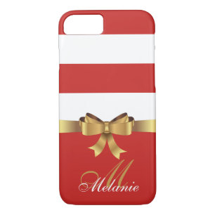 Personalised Gold,  RED AND WHITE BOLD STRIPES BOW iPhone 8/7 Case