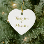 Personalised gold script Couple Name Wedding Ceramic Ornament<br><div class="desc">Personalised Custom script Couple Name Wedding Heart Ceramic Ornament.
Elegant,  classic,  minimalist design.
Faux gold text,  white background</div>
