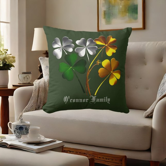 Personalised Gold Silver Green Shamrock Lucky Gift Cushion (Personalized Gold Silver Green Shamrock Lucky Gift Throw Pillow)