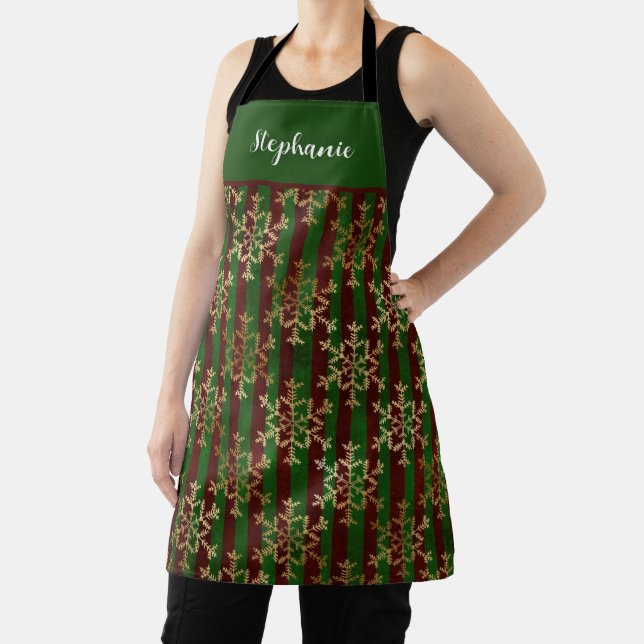 Personalised Gold Snowflake Red Green Stripe Apron (Insitu)