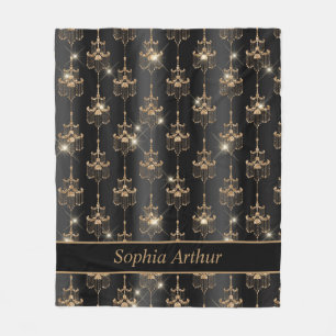 Personalised Gold Sparkle Chandelier Pattern Black Fleece Blanket