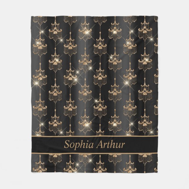 Personalised Gold Sparkle Chandelier Pattern Black Fleece Blanket (Front)