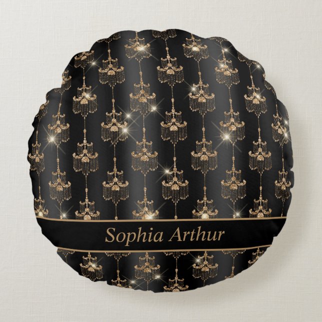 Personalised Gold Sparkle Chandelier Pattern Black Round Cushion (Front)