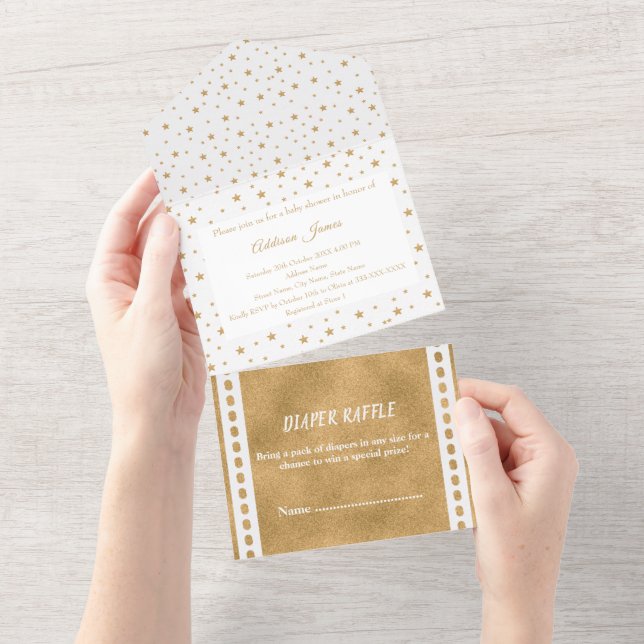 Personalised Gold Star Baby Shower White All In One Invitation (Tearaway)