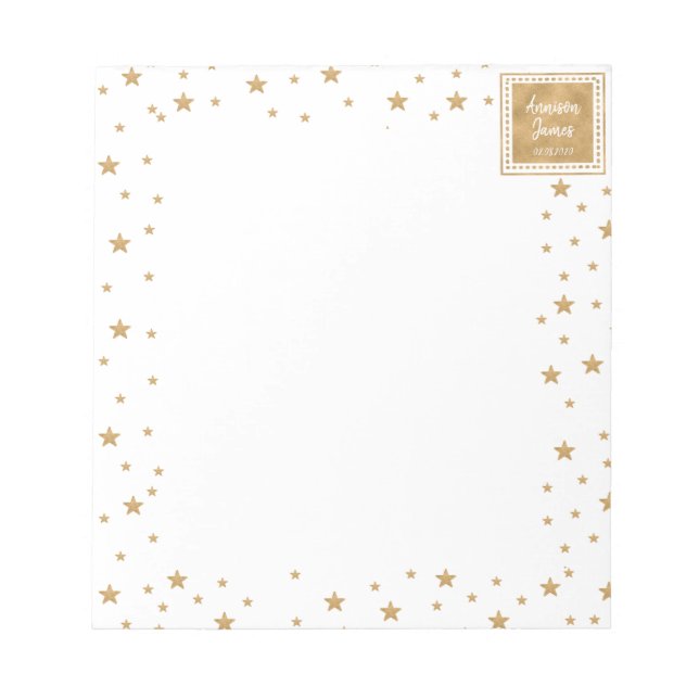 Personalised Gold Star Glitter Sparkle White Cute Notepad (Front)