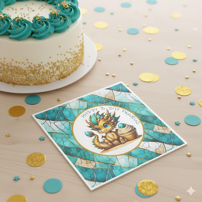 Personalised Gold Teal Dragon Boy's Birthday Party Napkin (Creator Uploaded)