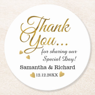 Personalised Gold Thank You Wedding Favour Round Paper Coaster