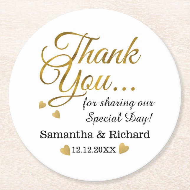 Personalised Gold Thank You Wedding Favour Round Paper Coaster (Front)