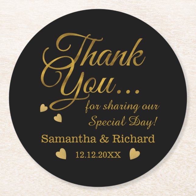Personalised Gold Thank You Wedding Favour  Round Paper Coaster (Front)