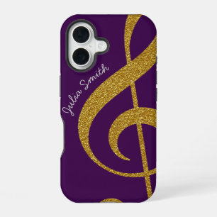 personalised gold treble clef music purple iPhone 16 case
