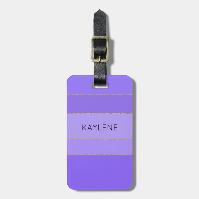 Personalised Gold Trim Violet Stripes Luggage Tag (Front Vertical)