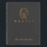 Personalised Gold Vintage Globe Travel Adventure Notebook<br><div class="desc">Capture your travel dreams and adventures with this personalised notebook featuring a gold vintage globe illustration and the word "wander" in elegant typography. Perfect for journalling, trip planning, or creative writing, this stylish black and gold design is a must-have for travelers, explorers, and dreamers alike. Customise with a name for...</div>
