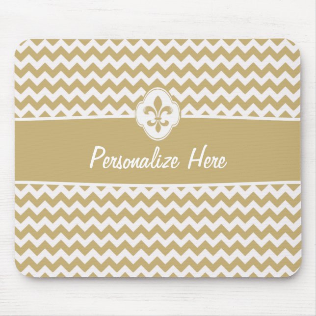 Personalised Gold White Chevron Fleur de Lis Mouse Pad (Front)