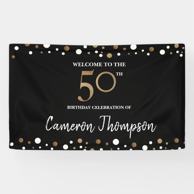 Personalised Gold White confetti  50th birthday Banner (Horizontal)