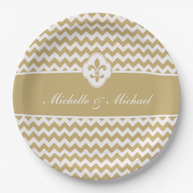 Personalised Gold White Fleur de Lis Chevron Paper Plate (Front)