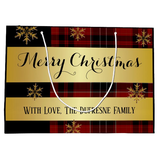 Personalised Gold With Plaid Christmas Large Gift Bag (Back)